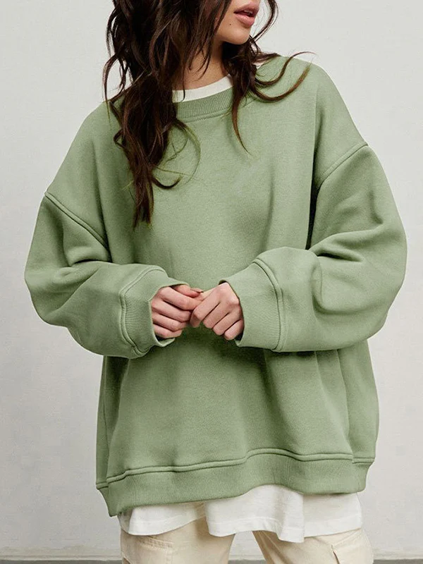 Long Sleeves Loose Solid Color Round-Neck Sweatshirt Tops - Image 28