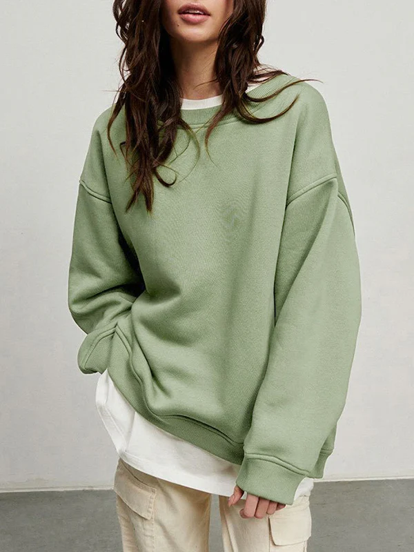 Long Sleeves Loose Solid Color Round-Neck Sweatshirt Tops - Image 29