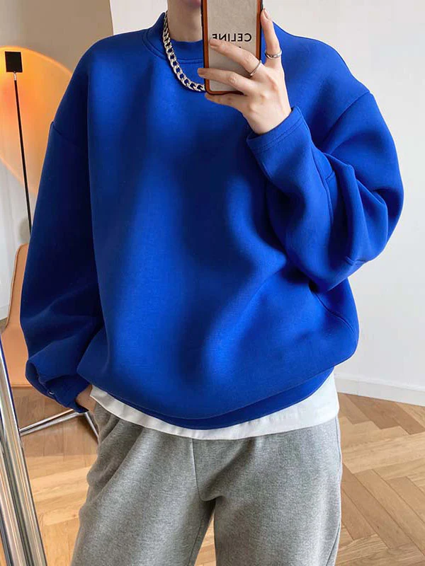 Long Sleeves Loose Solid Color Round-Neck Sweatshirt Tops - Image 10