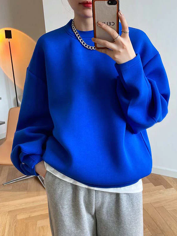 Long Sleeves Loose Solid Color Round-Neck Sweatshirt Tops - Image 11