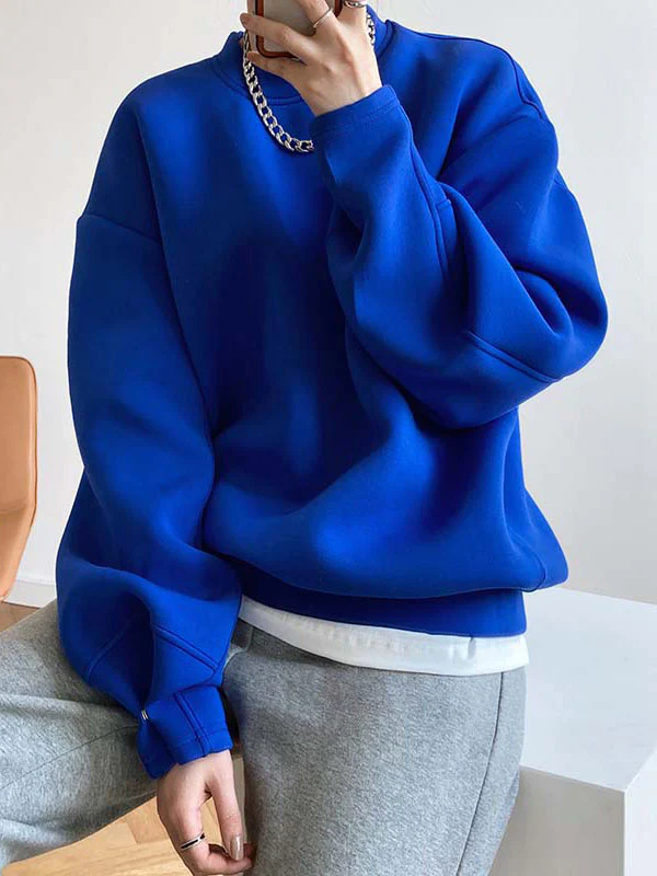 Long Sleeves Loose Solid Color Round-Neck Sweatshirt Tops - Image 12