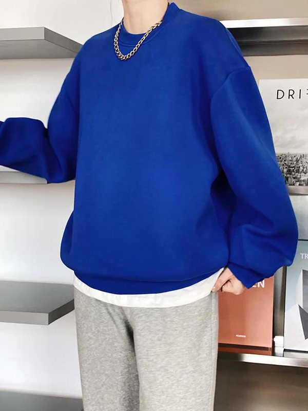 Long Sleeves Loose Solid Color Round-Neck Sweatshirt Tops - Image 13