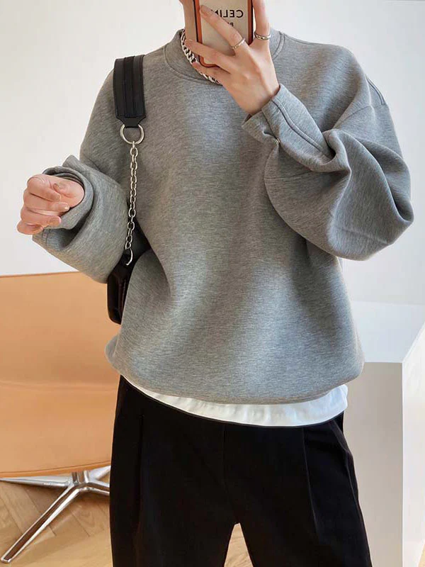 Long Sleeves Loose Solid Color Round-Neck Sweatshirt Tops - Image 16