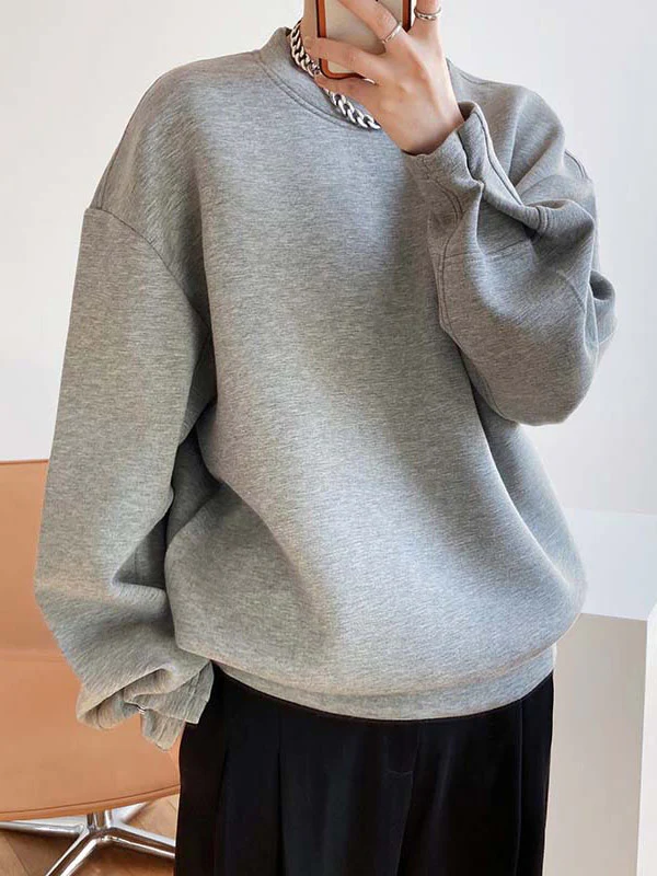 Long Sleeves Loose Solid Color Round-Neck Sweatshirt Tops - Image 17