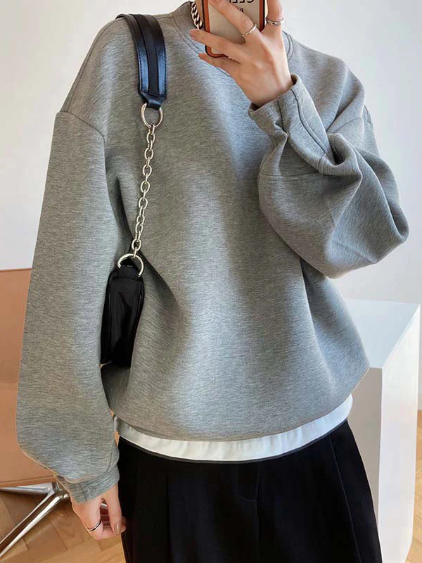 Long Sleeves Loose Solid Color Round-Neck Sweatshirt Tops - Image 18