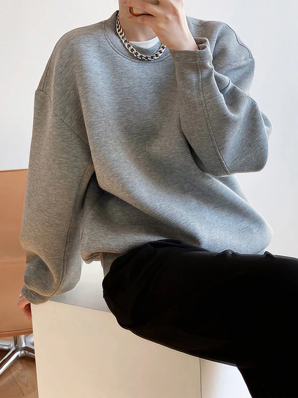 Long Sleeves Loose Solid Color Round-Neck Sweatshirt Tops - Image 19