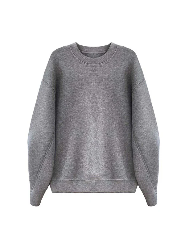 Long Sleeves Loose Solid Color Round-Neck Sweatshirt Tops - Image 20