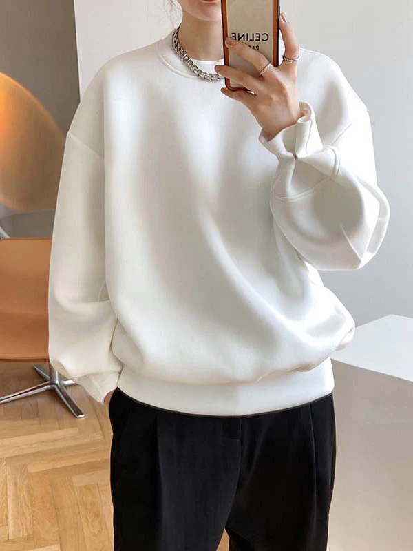 Long Sleeves Loose Solid Color Round-Neck Sweatshirt Tops - Image 3