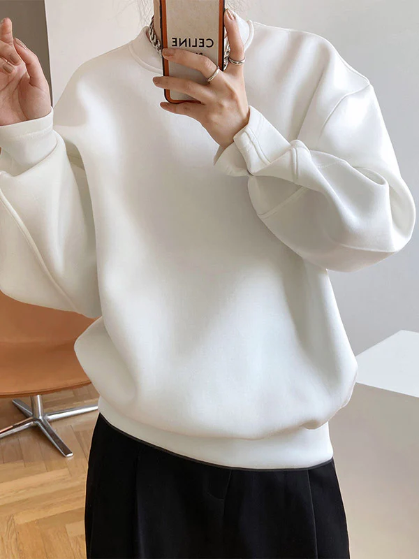 Long Sleeves Loose Solid Color Round-Neck Sweatshirt Tops - Image 4
