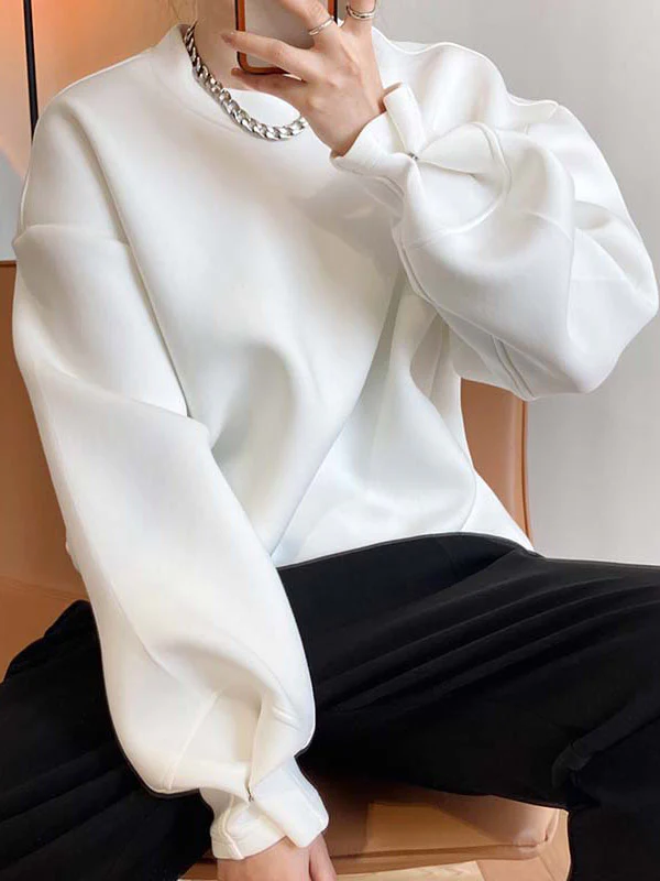 Long Sleeves Loose Solid Color Round-Neck Sweatshirt Tops - Image 5