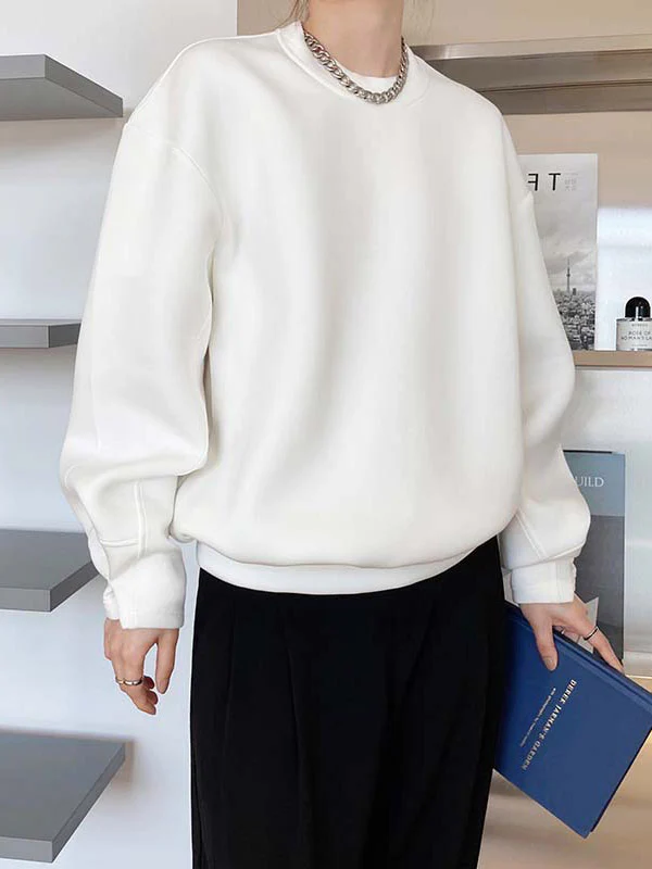 Long Sleeves Loose Solid Color Round-Neck Sweatshirt Tops - Image 6