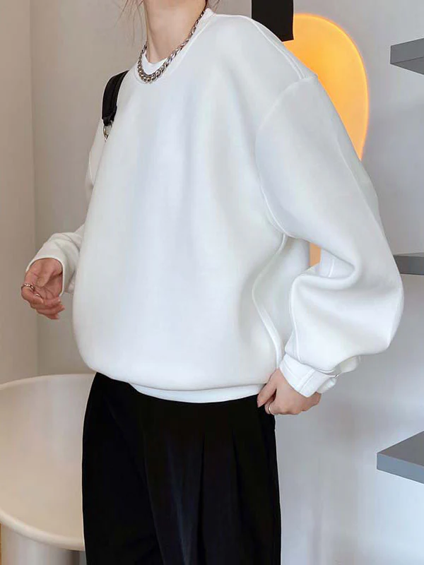 Long Sleeves Loose Solid Color Round-Neck Sweatshirt Tops - Image 7
