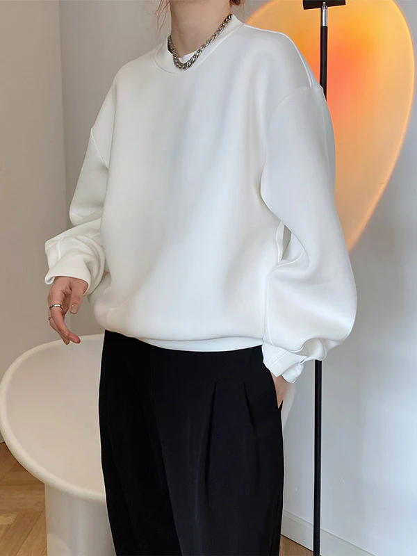 Long Sleeves Loose Solid Color Round-Neck Sweatshirt Tops - Image 8