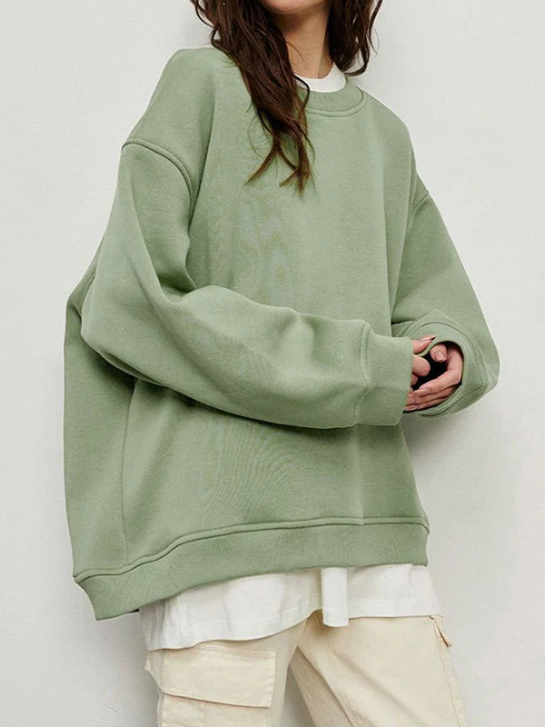 Long Sleeves Loose Solid Color Round-Neck Sweatshirt Tops - Image 3