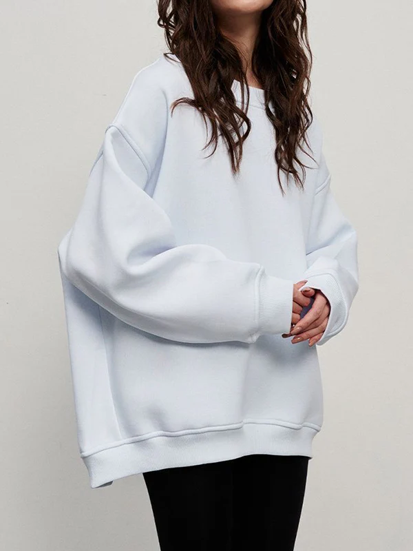 Long Sleeves Loose Solid Color Round-Neck Sweatshirt Tops - Image 30