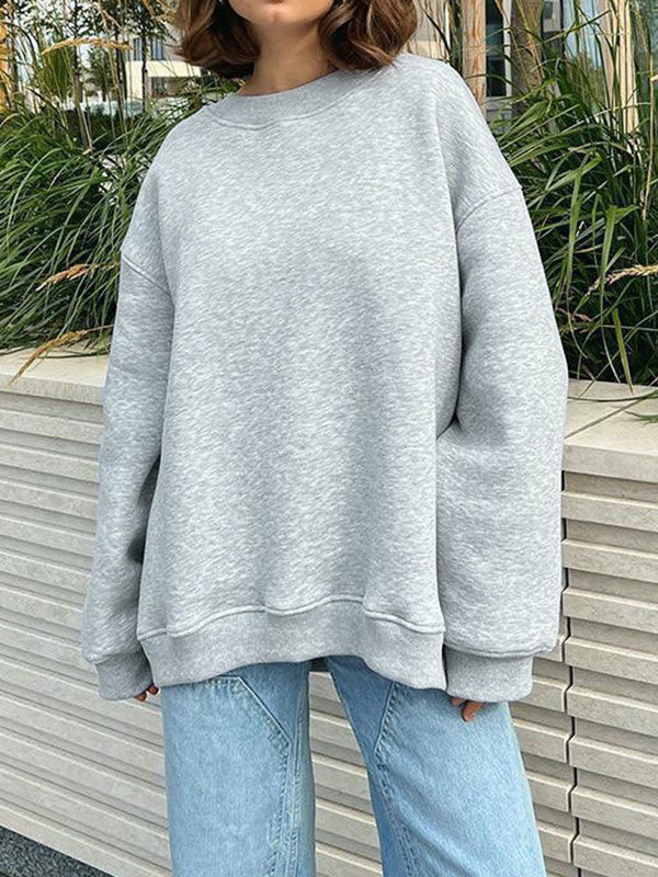 Long Sleeves Loose Solid Color Round-Neck Sweatshirt Tops - Image 31