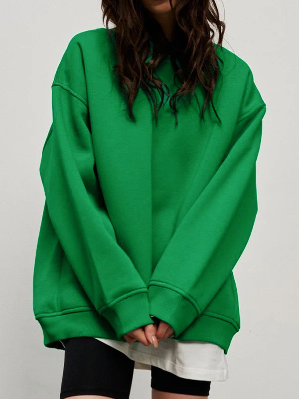 Long Sleeves Loose Solid Color Round-Neck Sweatshirt Tops - Image 32