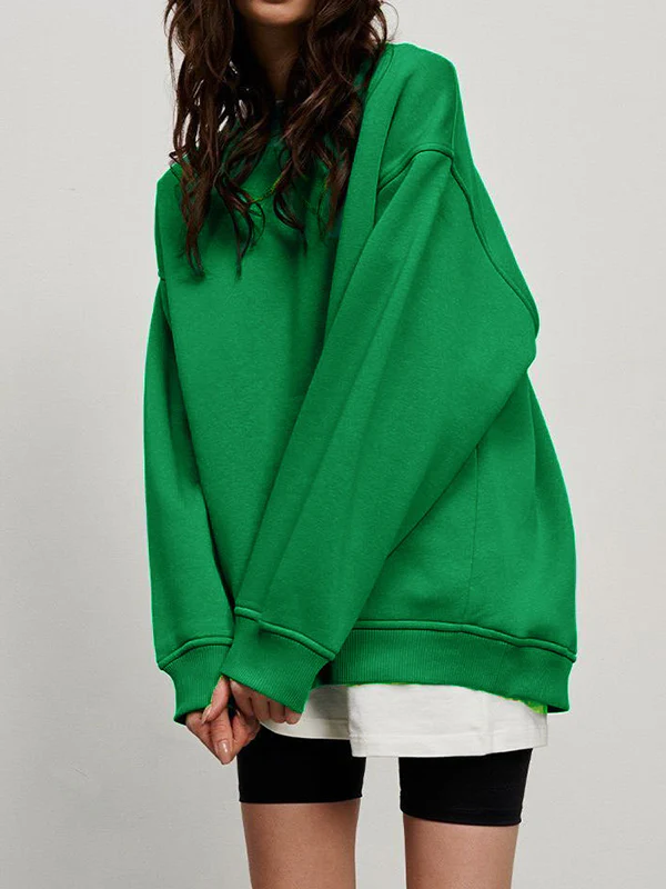 Long Sleeves Loose Solid Color Round-Neck Sweatshirt Tops - Image 33