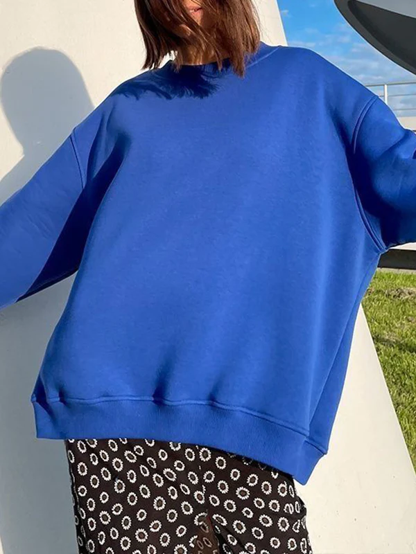 Long Sleeves Loose Solid Color Round-Neck Sweatshirt Tops - Image 34