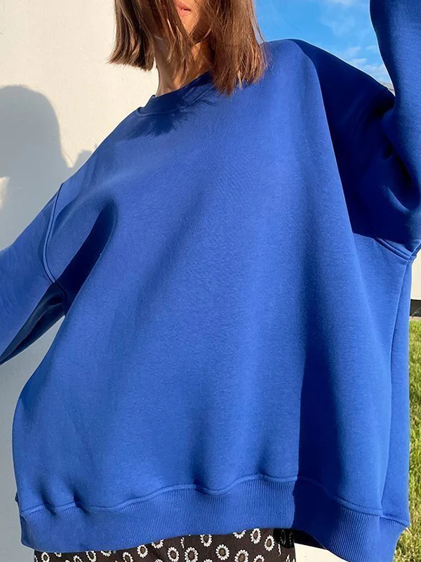 Long Sleeves Loose Solid Color Round-Neck Sweatshirt Tops - Image 35