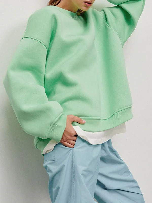 Long Sleeves Loose Solid Color Round-Neck Sweatshirt Tops - Image 36