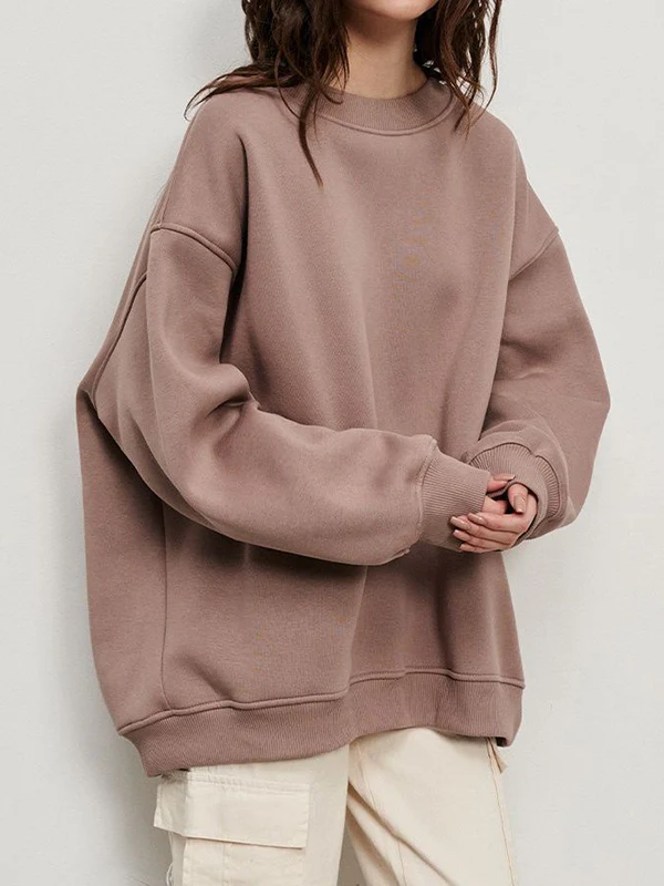 Long Sleeves Loose Solid Color Round-Neck Sweatshirt Tops - Image 38