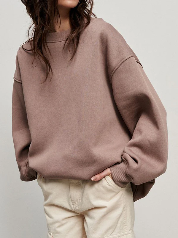 Long Sleeves Loose Solid Color Round-Neck Sweatshirt Tops - Image 39