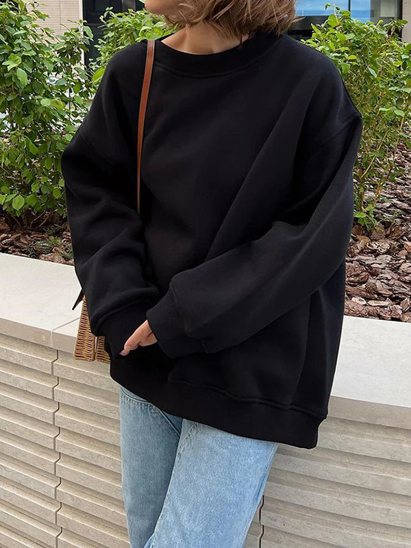 Long Sleeves Loose Solid Color Round-Neck Sweatshirt Tops - Image 4