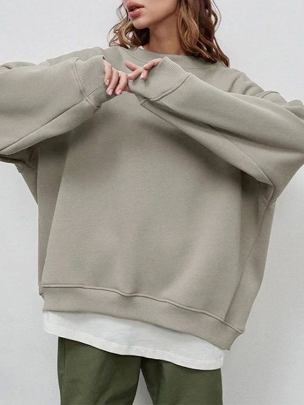 Long Sleeves Loose Solid Color Round-Neck Sweatshirt Tops - Image 5