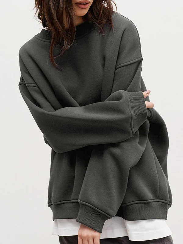 Long Sleeves Loose Solid Color Round-Neck Sweatshirt Tops - Image 6