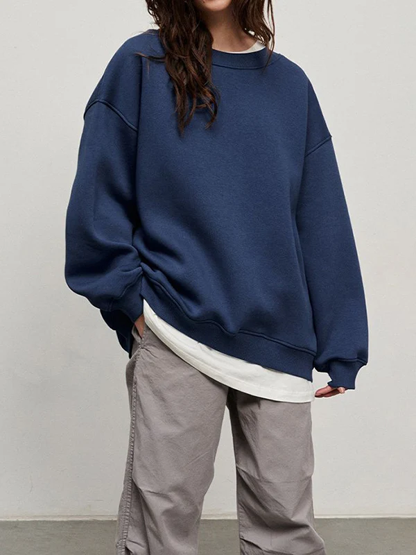Long Sleeves Loose Solid Color Round-Neck Sweatshirt Tops - Image 7