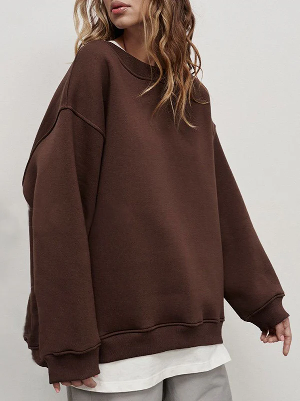 Long Sleeves Loose Solid Color Round-Neck Sweatshirt Tops - Image 8