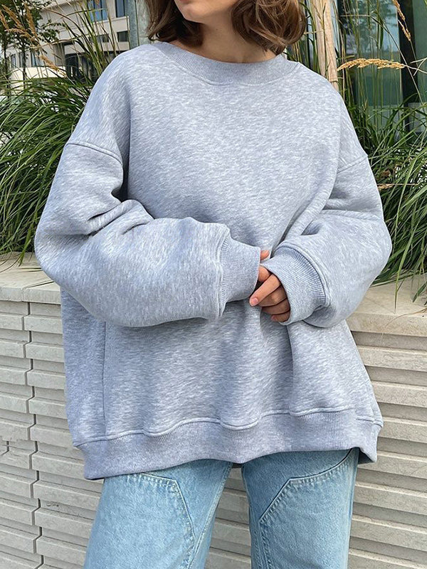 Long Sleeves Loose Solid Color Round-Neck Sweatshirt Tops - Image 9