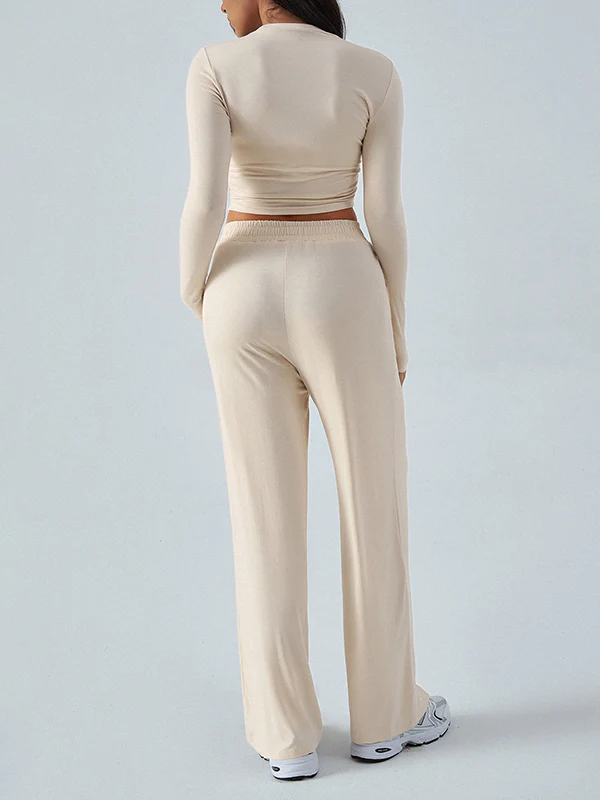 Long Sleeves Loose Solid Color Round-Neck T-Shirt Top + Drawstring Elasticity Pockets Pants Bottom Two Pieces Set - Image 10