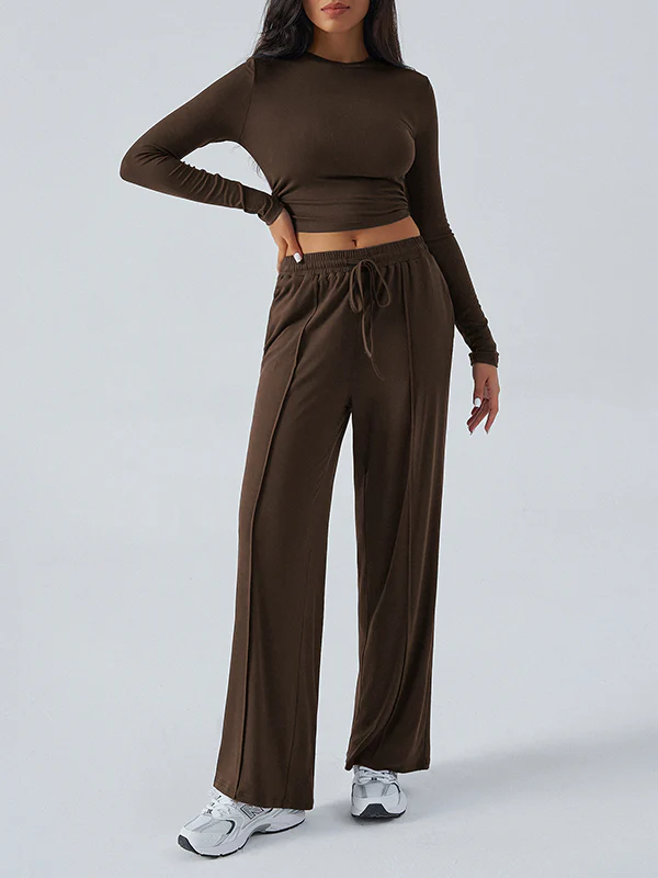 Long Sleeves Loose Solid Color Round-Neck T-Shirt Top + Drawstring Elasticity Pockets Pants Bottom Two Pieces Set - Image 11