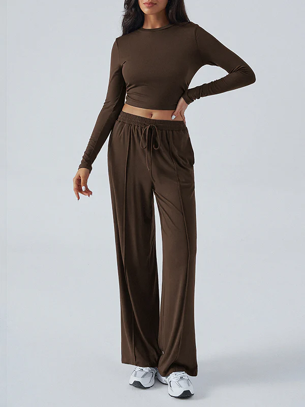 Long Sleeves Loose Solid Color Round-Neck T-Shirt Top + Drawstring Elasticity Pockets Pants Bottom Two Pieces Set - Image 12
