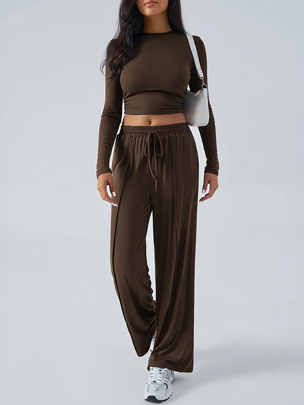 Long Sleeves Loose Solid Color Round-Neck T-Shirt Top + Drawstring Elasticity Pockets Pants Bottom Two Pieces Set - Image 2