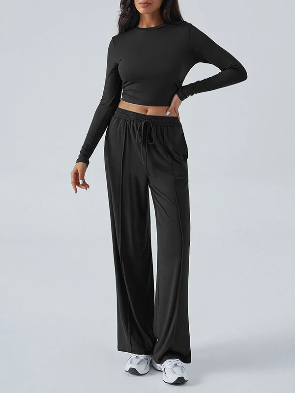 Long Sleeves Loose Solid Color Round-Neck T-Shirt Top + Drawstring Elasticity Pockets Pants Bottom Two Pieces Set - Image 3