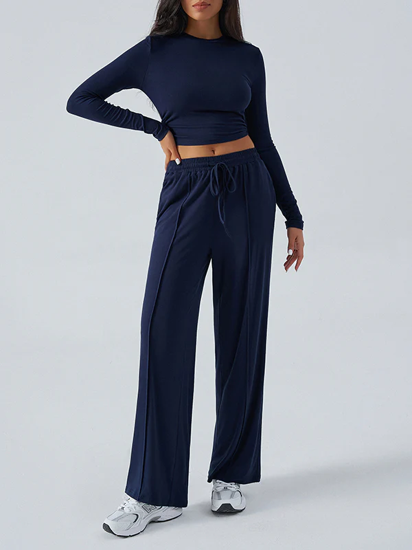 Long Sleeves Loose Solid Color Round-Neck T-Shirt Top + Drawstring Elasticity Pockets Pants Bottom Two Pieces Set - Image 4