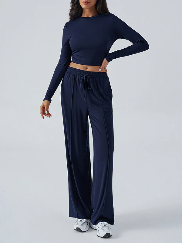 Long Sleeves Loose Solid Color Round-Neck T-Shirt Top + Drawstring Elasticity Pockets Pants Bottom Two Pieces Set - Image 5