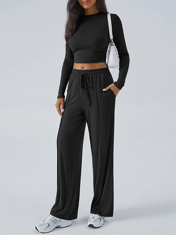 Long Sleeves Loose Solid Color Round-Neck T-Shirt Top + Drawstring Elasticity Pockets Pants Bottom Two Pieces Set - Image 6