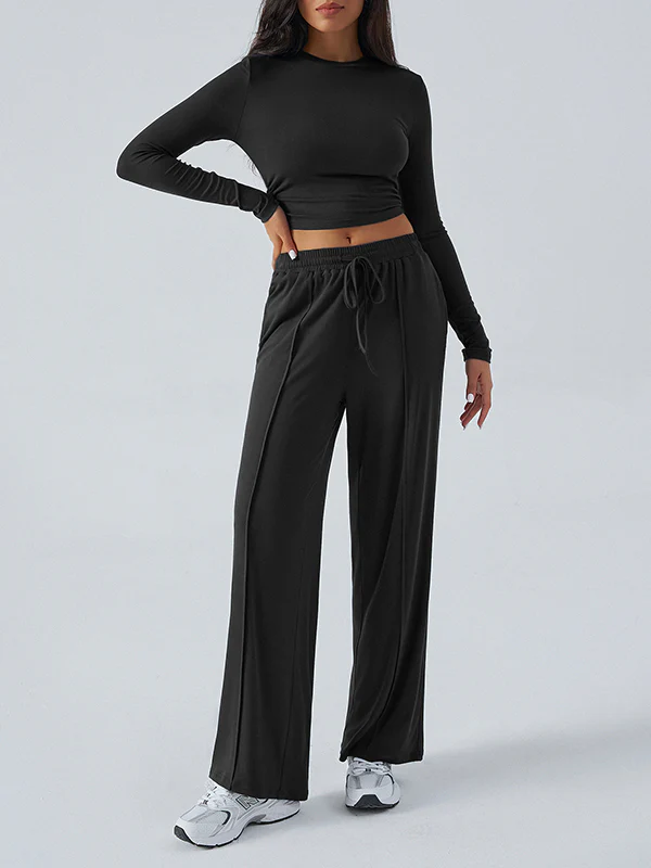 Long Sleeves Loose Solid Color Round-Neck T-Shirt Top + Drawstring Elasticity Pockets Pants Bottom Two Pieces Set - Image 7