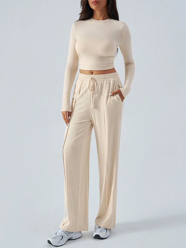 Long Sleeves Loose Solid Color Round-Neck T-Shirt Top + Drawstring Elasticity Pockets Pants Bottom Two Pieces Set - Image 8