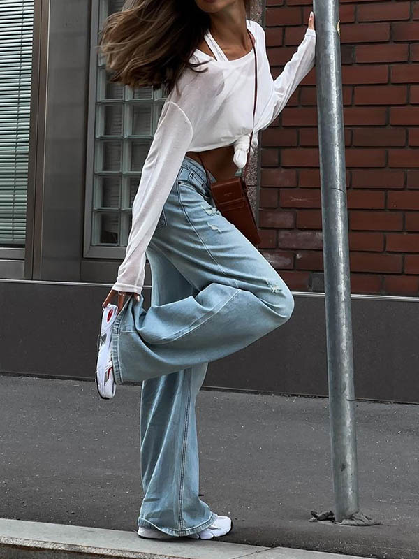 Long Sleeves Loose Solid Color Round-Neck T-Shirts Tops - Image 9
