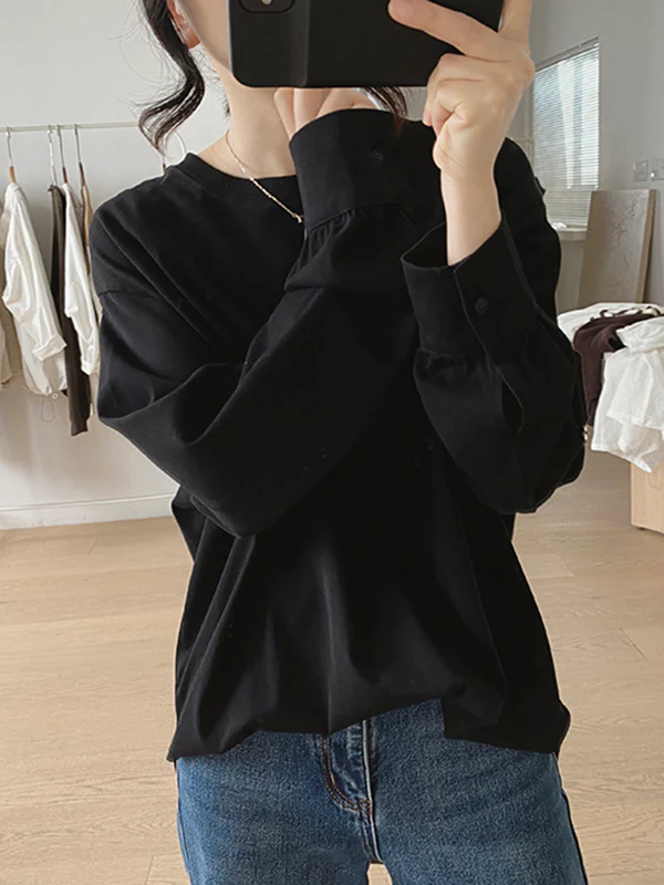 Long Sleeves Loose Solid Color Round-Neck T-Shirts Tops - Image 10