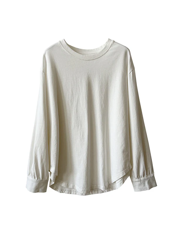 Long Sleeves Loose Solid Color Round-Neck T-Shirts Tops - Image 11