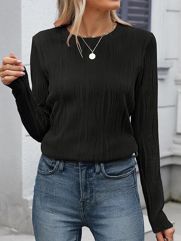Long Sleeves Loose Solid Color Round-Neck T-Shirts Tops - Image 17