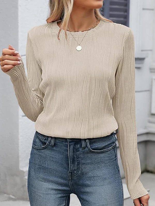 Long Sleeves Loose Solid Color Round-Neck T-Shirts Tops - Image 30