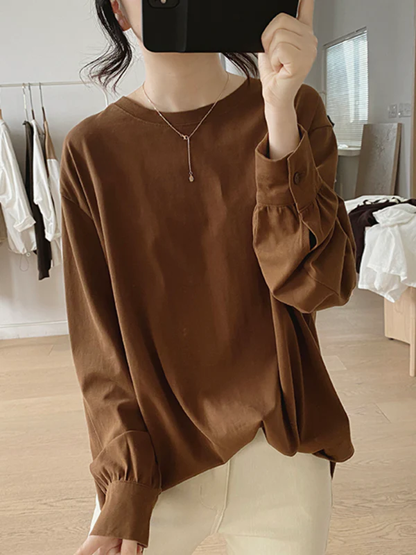 Long Sleeves Loose Solid Color Round-Neck T-Shirts Tops - Image 2