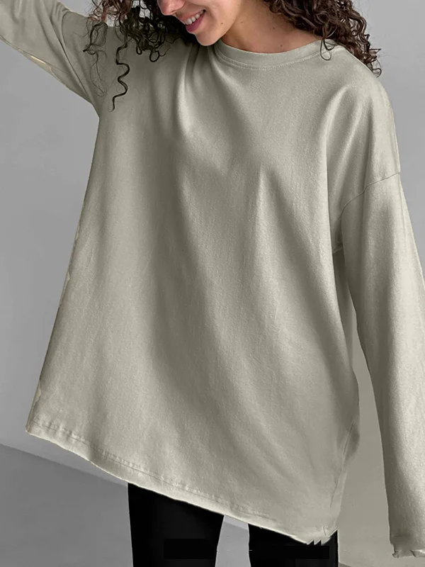 Long Sleeves Loose Solid Color Round-Neck T-Shirts Tops - Image 10